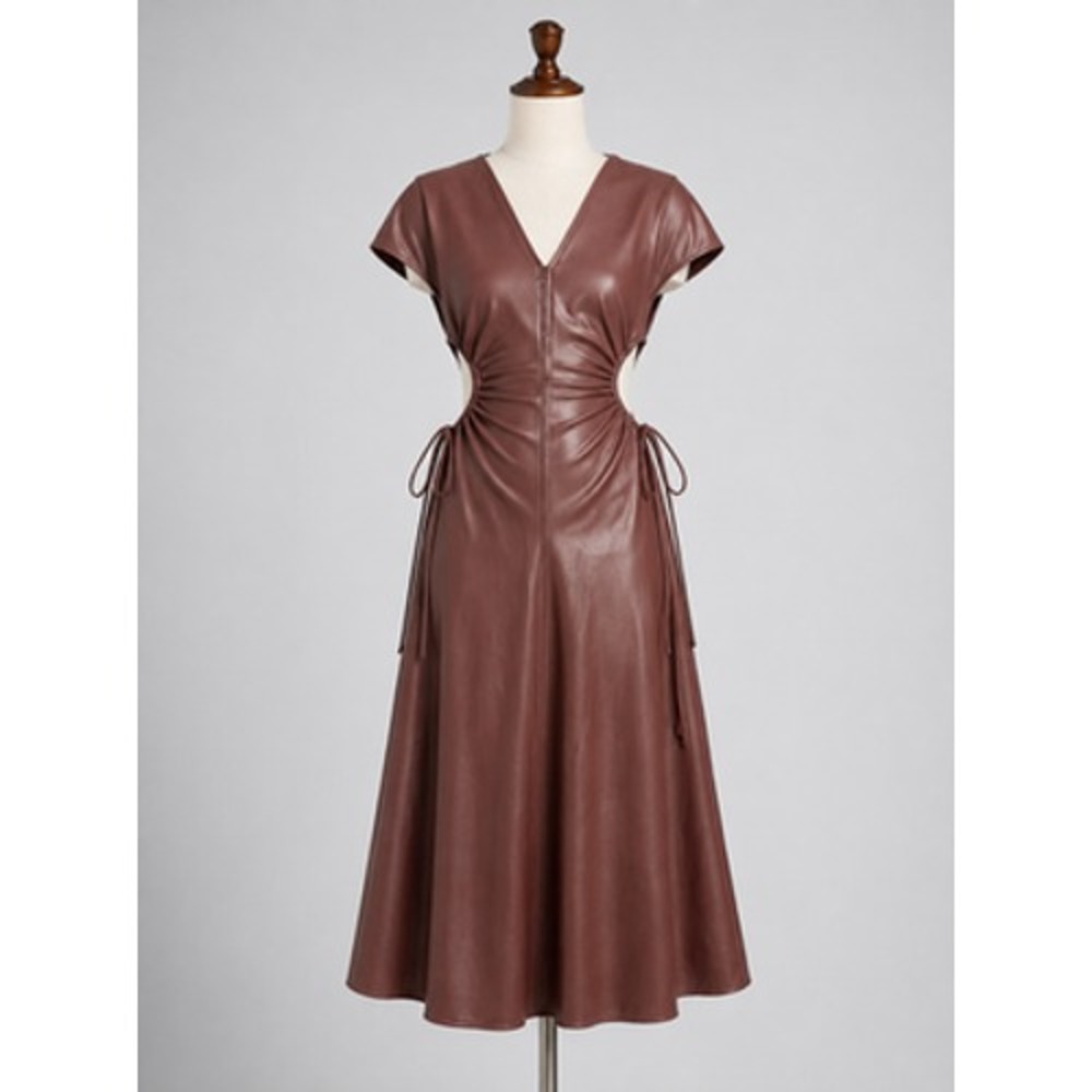 A.L.C. Dress 6 Brown Faux Leather VNeck Cutout Ruched Waist Midi Cap Sleeve Syna
